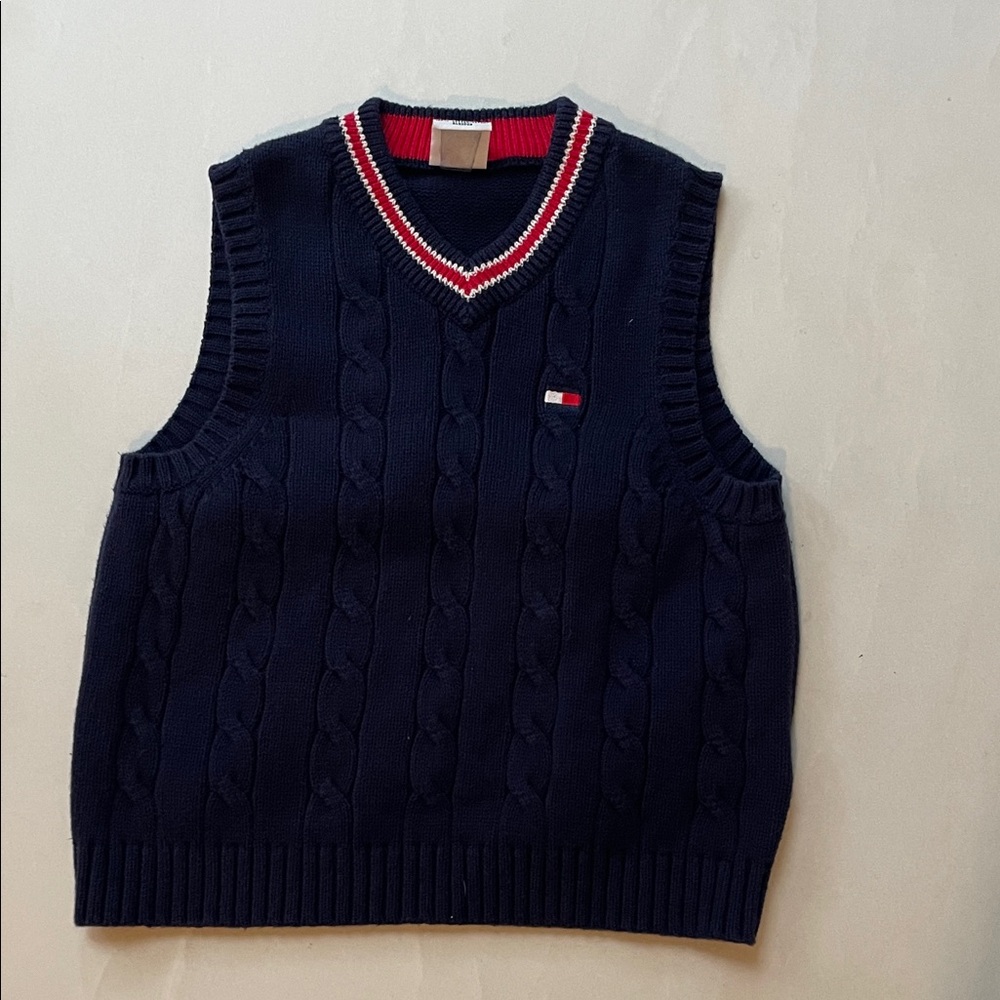 Toddler Tommy Hilfiger Navy Cable-Knit V-Neck Sweater Vest with Red & White Trim